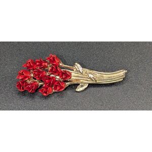 Vintage Red Rose Bouquet on Gold Tone Stem Brooch